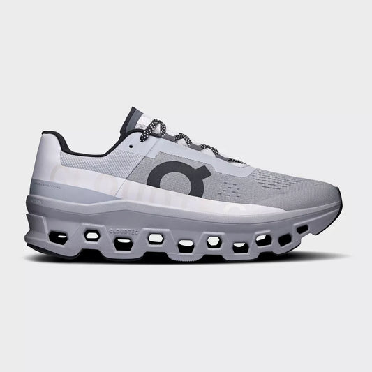 On Cloudmonster — Alloy/Silver
