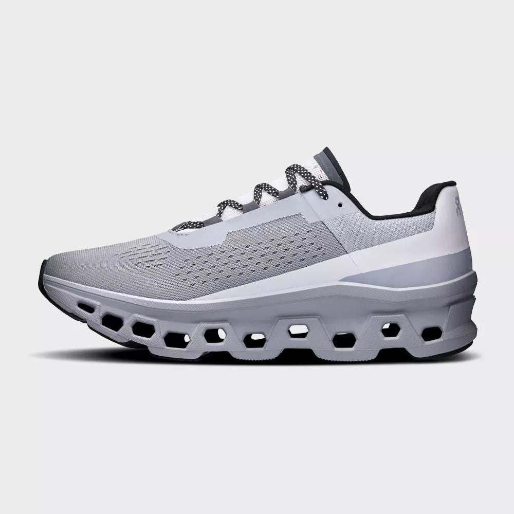 On Cloudmonster — Alloy/Silver